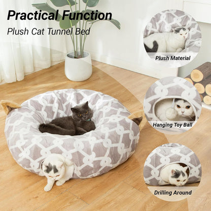 Cozy Cat Tunnel Bed with Plush Cover, Fluffy Toy Balls & Cushion