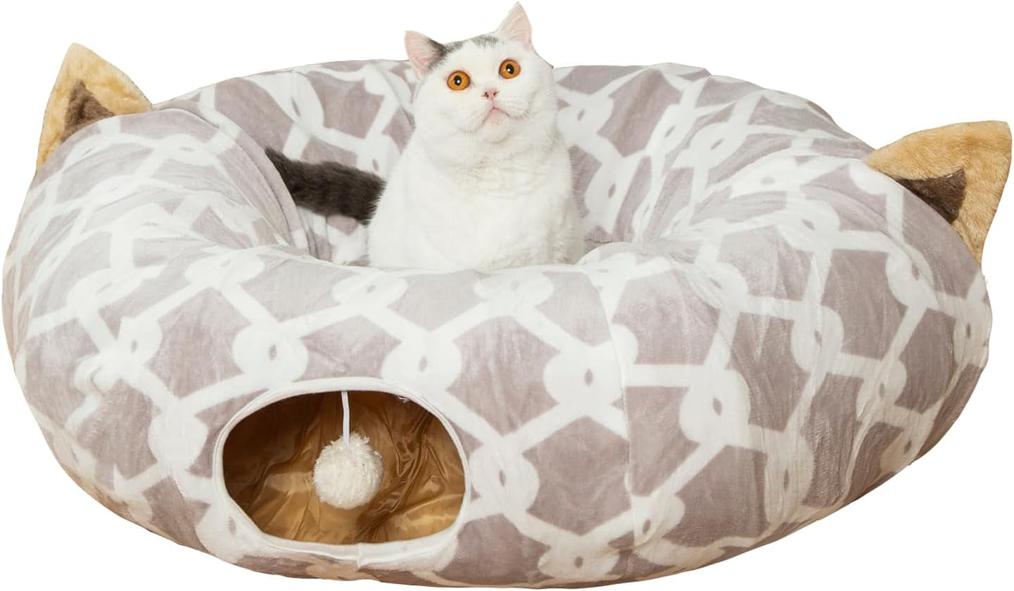 Cozy Cat Tunnel Bed with Plush Cover, Fluffy Toy Balls & Cushion