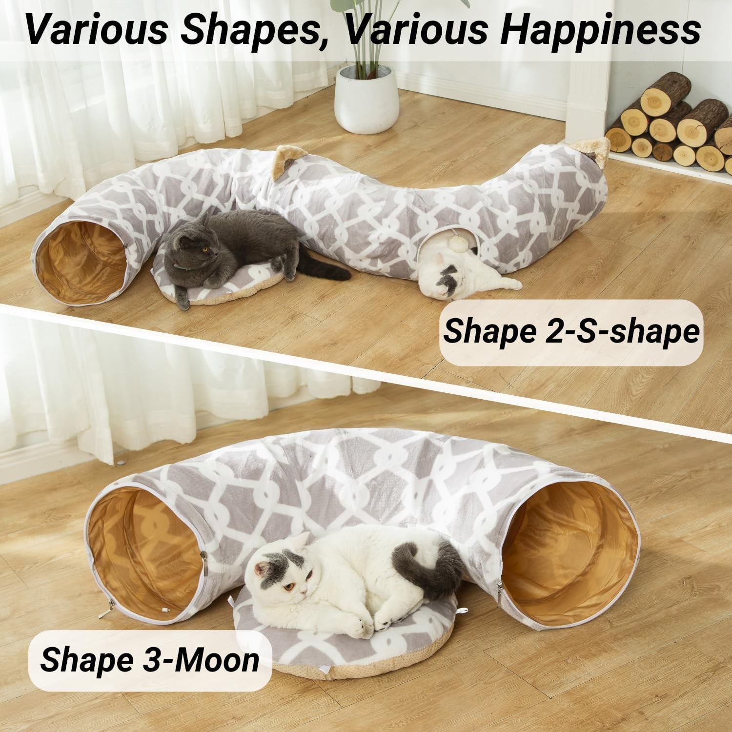 Cozy Cat Tunnel Bed with Plush Cover, Fluffy Toy Balls & Cushion