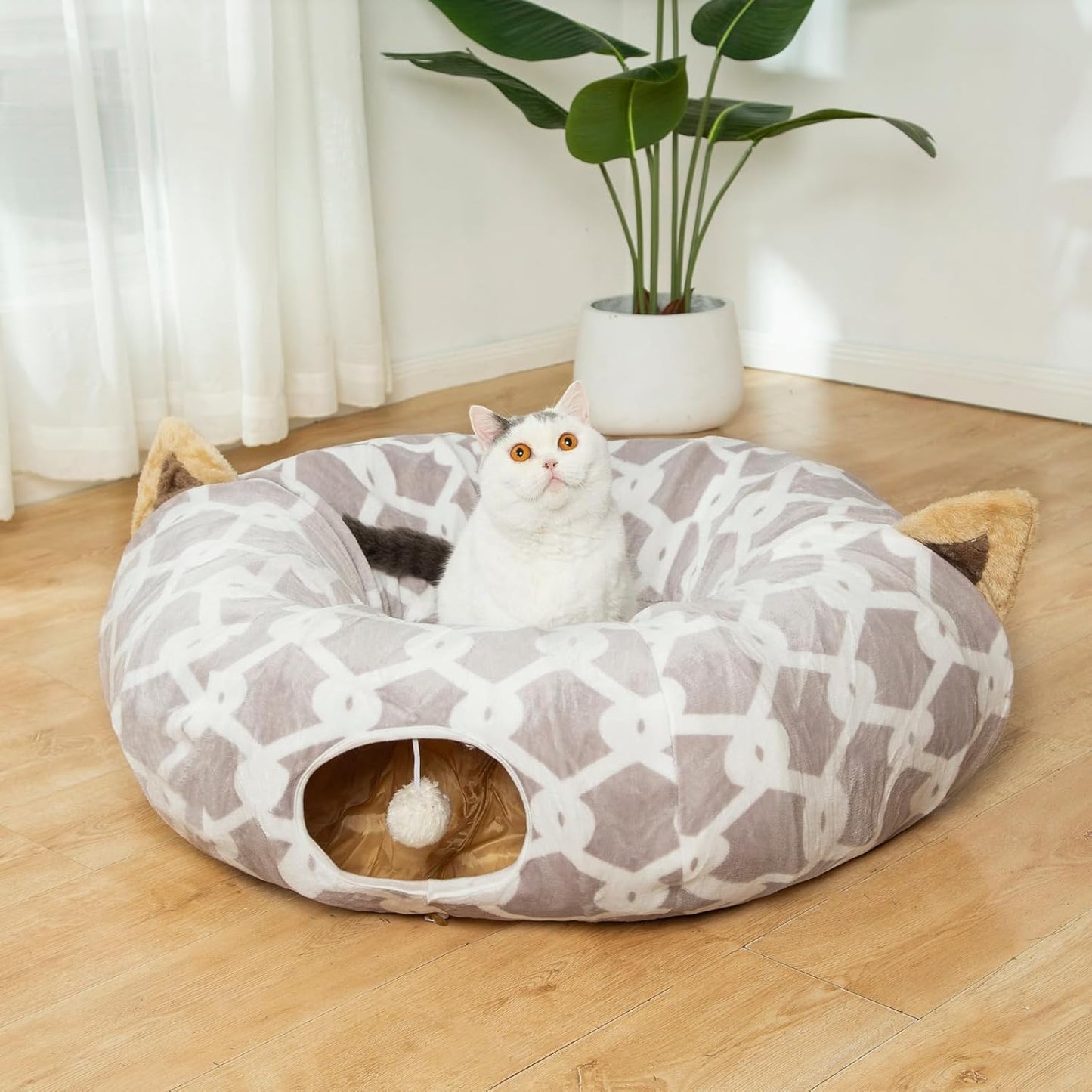 Cozy Cat Tunnel Bed with Plush Cover, Fluffy Toy Balls & Cushion